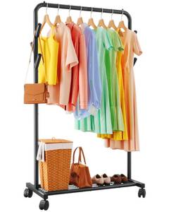 lot 51116 image: Sakugi Clothes Rack - Metal Coat Rack with Bottom Shelf, Portable Wardrobe Rack with 6 Side Rods, Rolling Clothing Rack for Hanging Clothes for Bedroom or Laundry Room (Black, 28.7 x 17 x 59.4) - Retail $25