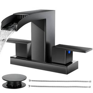 lot 51118 image: Cobbe Waterfall Bathroom Faucets 3 Hole, Matte Black Bathroom Sink Faucet Square 4 Inch Centerset with Pop-Up Drain, 2 Handle and 2 Supply Hoses, Lead-Free Stainless Steel for Vanity Sink Rv - Retail $40