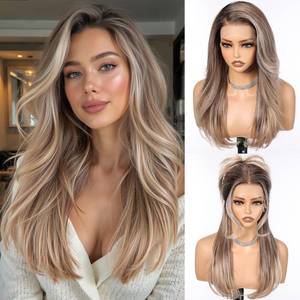 lot 51122 image: HAIRCUBE Layered Ombre Ash Blonde Lace Front Wig, 13X6 HD Glueless Heat Resistant Synthetic Wig, 22 Inch Long Straight Hair for Women Daily Use - Retail $63