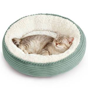 lot 51127 image: Loves cabin Round Donut Cat and Dog Cushion Bed, 20in Pet Bed for Cats or Small Dogs, Anti-Slip & Water-Resistant Bottom, Super Soft Durable Fabric Pet beds, Washable Luxury Bed Apple Green Stripe - Retail $23