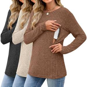 lot 51149 image: Sweetyweee 3 Pack Womens Nursing Tops Breastfeeding Shirts Long Sleeve Maternity Ribbed Sweaters with Hidden Zipper(Black, Apricot, Brown,Medium) - Retail $40