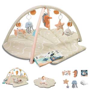 lot 61693 image: Baby Play Mat, Oversize Shell Tummy Time Mat with 6 Detachable Baby Activity Toys, Baby Gyms & Playmats for Babies 0-6 Months, Baby Essentials Mat for Floor Newborn Baby Shower Gifts (Beige) - Retail $47