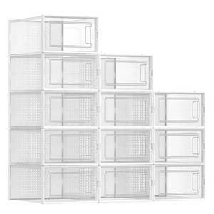 lot 61695 image: SONGMICS Shoe Boxes, Pack of 12 Shoe Storage Organizers, Stackable Clear Plastic Boxes for Closet, Sneakers, 13.1 x 9.1 x 5.6 Inches, Transparent and White ULSP12SWT - Retail $30