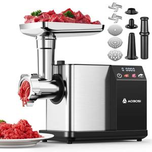 lot 61697 image: AAOBOSI Meat Grinder Electric 3000W Max with Touch Color Screen, Auto-Reverse & Built-in Storage - 3 Speed Settings,Grinding, Sausage & Kibbe Making for Home Use, Stainless Steel - Retail $110