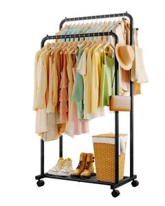 lot 62585 image: Sakugi Clothes Rack - Double Rods Clothing Rack with Mesh Shelf, Hooks & Wheels, Metal Clothing Racks for Hanging Clothes & Bags, Multifunctional Garment Rack for Laundry, Black, 28.7 x 16.5 x 59.1 - Retail $35