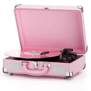 lot 62587 image: Vinyl Record Player 3-Speed Bluetooth Suitcase Portable Belt-Driven Record Player with Built-in Speakers RCA Line Out AUX in Headphone Jack Vintage Turntable,Pink - Retail $56