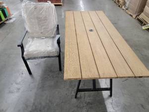 lot 53495 image: Modern charcoal wood dining table and set of six chairs New in Box
