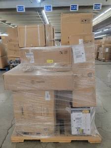 lot 53502 image: Mixed Pallet Lot with electric fireplace, dehumidifier patio heater,  electric trashcan,  outdoor fountain, and more