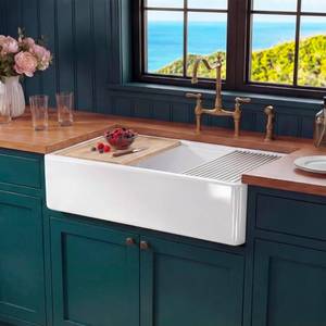 lot 20611 image: Miuara White Farmhouse Workstation Sink 33 Inch - Heavy Duty Fireclay Apron Front Kitchen Sink Undermount 33x20x10, Farm House Style Deep Single Bowl for Kitchen - Retail $339