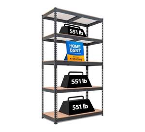 lot 20615 image: HOMEDANT Deep Width 5 Tier Heavy Duty Garage Shelving Adjustable Metal Rack Storage Shelves Standing Shelf Unit Organizers Pantry Closet Black 1Pack (39.8 W x 18.2 D) - Retail $91