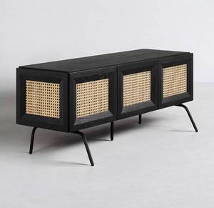 lot 20619 image: NTC Mossic TV Media Cabinet with 3 Doors for TVs, Entertainment Center with Natural Rattan, Metal Legs, Modern Storage Console for Living Room and Bedroom, Effortless Assembly, Burnt Black - Retail $313