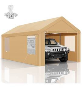 lot 20623 image: COBIZI 10x20 FT Heavy Duty Carport with Galvanized Frame, Carport Canopy with Roll-up Windows, Storage Tent with Removable Sidewalls & Doors, Built-in Sandbags for Car Boat Truck, Khaki - Retail $256