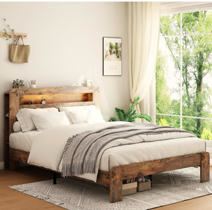 lot 20629 image: King Size Wooden Bed Frame with Storage Headboard,Wood Bed Frame with Charging Station & Bookcase, 2 USB Ports & 2 AC Outlets, Sturdy Wood Platform Framework, Noiseless, Easy Assembly - Retail $269