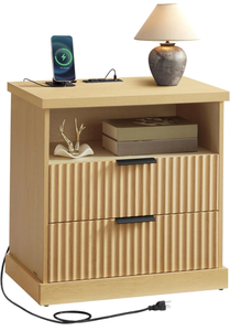 lot 20633 image: VASAGLE MAXE Collection - Nightstand with Charging Station, Fluted Night Stand, Bedside Table, Mid Century Modern Side End Table, 2 Drawers, 2 AC Outlets, 2 USB Ports, Oak Beige ULET626Y01S - Retail $70