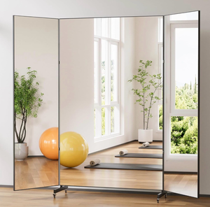 lot 20636 image: brisafe NanoMirror Non-Glass Ultra-Light Foldable Home Gym on Wheels, 71x71 Extra Large Full Body Unbreakable Shatterproof Mirror, 360° Swivel for Yoga, Dance, Fitness Studio & Home Gym, Black - Retail $389