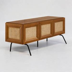 lot 20641 image: NTC Mossic TV Media Cabinet with 3 Doors for TVs, Entertainment Center with Natural Rattan, Metal Legs, Modern Storage Console for Living Room and Bedroom, Effortless Assembly, Rustic Oak - Retail $249