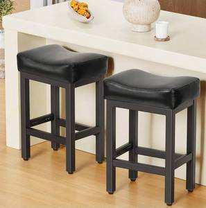 lot 20643 image: Raynesys Counter Height Bar Stools Set of 2, 24 Inch Barstools for Kitchen Island Counter, Bonded Leather Kitchen Stools with Thick Saddle Seats & Heavy Duty Metal Base, Easy Assembly, All Black - Retail $99