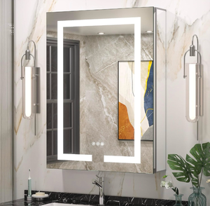 lot 20653 image: Keonjinn 24 x 32 Medicine Cabinet with Lights, LED Medicine Cabinet with Defogger and Outlets 3 Colors Dimmable with UL Listed LED Driver, Tempered Glass SurfaceRecessed Mount Mirror with Storage - Retail $339