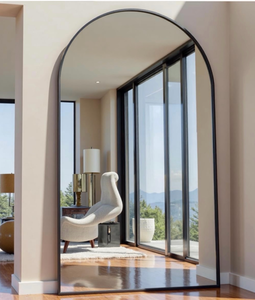 lot 20659 image: OGCAU Full Length Mirror, 76x34 Arched-Top, Hanging or Leaning, Floor Length Full Body Standing Mirror, Wall Mounted with Aluminum Frame for Living Room (Black) - Retail $159