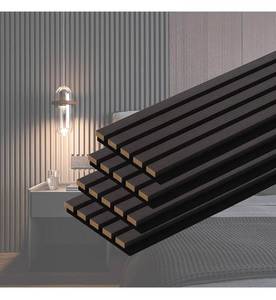 lot 20662 image: Wood Slat Acoustic Wall Panels, 4-Pack 94.5 x 7.9 3D Fluted Sound Absorbing Paneling for Interior Accent Wall Decor, Living Room (Matte Black) - Retail $125