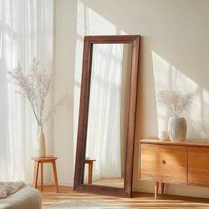 lot 20668 image: Rustic Floor Full Length Mirror Wood Frame, 56X21 Farmhouse Free Standing Mirror for Bedroom Living Room Entryway, Hanging or Leaning Wall-Mounted, Tempered Glass, Brown - Retail $118