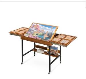 lot 20672 image: Becko US 2 in 1 Jigsaw Puzzle Table with 8 Sorting Trays, Foldaway & 3 Tilted Angle for Adjusted Height, Universal Wheels for Moves, Shelf Rack for Storage, 30  20.1 in for Puzzles Up to 1000 Pieces - Retail $0