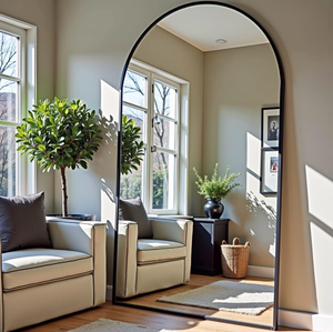 lot 20675 image: OGCAU Floor Full Length Mirror, 81x41 Arched-Top Hanging, Leaning or Standing Mirror, Full Body Wall Mounted with Aluminum Frame for Living Room, Bedroom (Black) - Retail $219