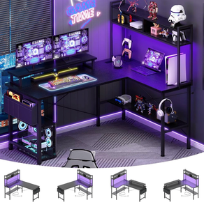 lot 20690 image: Aheaplus L Shaped Gaming Desk with Power Outlets & LED Lights, Small L- Shaped Desk Computer Corner Desk with Monitor Stand & Storage Shelf, Home Office Desk Writing Desk with Storage Bag, Black - Retail $149