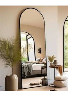 lot 20704 image: BEVERDY Arched Full Length Mirror - 1858 Standing Mirror with Stand or Wall Mounted for Bedroom and Living Room - Black - Retail $49