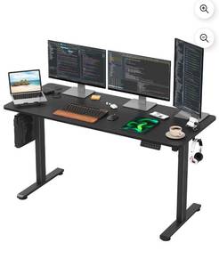 lot 20709 image: 24x 55 Electric Standing Desk, Adjustable Height Stand up Desk with Hook, Sit Stand Home Office Desk with Splice Board, Ergonomic Rising Computer Desk for Work, Home, Office,Black  - Retail $109
