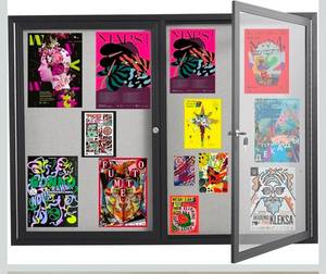 lot 20713 image: 48x36 Inch Lockable Enclosed Bulletin Board, Weather-Resistant Outdoor Noticeboard with 2 Locking Doors, Wall-Mounted Black Aluminum Frame & Grey Felt Presentation Board - Retail $239