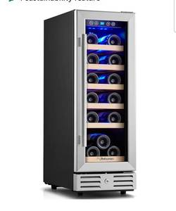 lot 20714 image: Kalamera Mini Fridge 18 Bottle - 12 inch Wine Cooler Refrigerator, Built-in or Freestanding, with Stainless Steel & Double-Layer Tempered Glass Door, and Temperature Memory Function Wine Fridge - Retail $399
