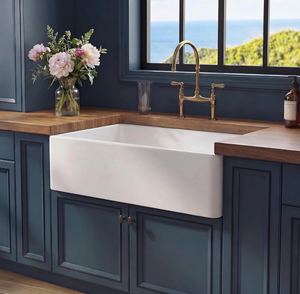 lot 20716 image: Miuara Farmhouse Sink 30 Inch - White Apron Front Undermount Kitchen Sink Reversible 30x18x10, Farm House Style Single Bowl, Heavy Duty Solid Fireclay, Glossy White, for Kitchen - Retail $269