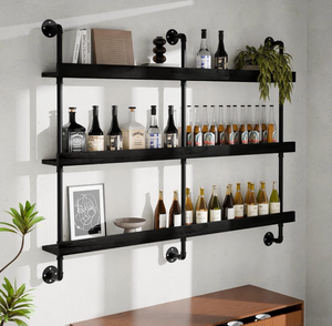lot 20719 image: Industrial Wine Rack Wall Mounted, Solid Wood Shelf with Metal Pipe Brackets, 3-Tier Rustic Hanging Organizer for Wine Bottle Storage in Kitchen, Bar, Pub, Cellar(Black, 60 Inch) - Retail $195
