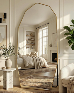 lot 20735 image: Antok Full Length Mirror, 76x34 Floor Mirror, Free Standing Wall Mounted or Leaning Full Body Mirror with Aluminum Alloy Frame, Diamond Irregular for Bedroom Entryway Cloakroom, Gold - Retail $159