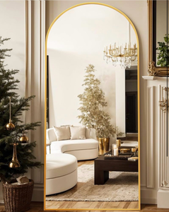lot 20736 image: Antok 76 x34�� Arched Full Length Floor Mirror, Gold Aluminum Frame, Free StandingWall MountLeaning for Bedroom, Living Room, Dressing Room - Retail $169