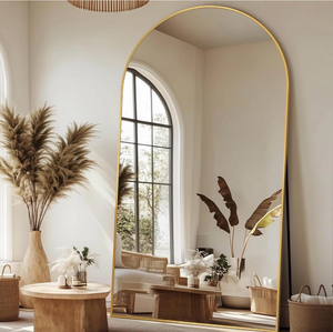 lot 20737 image: Antok 91 x46�� Arched Full Length Floor Mirror, Gold Aluminum Frame, Free StandingWall MountLeaning for Bedroom, Living Room, Dressing Room - Retail $399