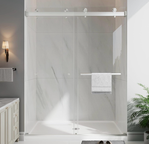 lot 20738 image: Frameless Double Sliding Shower Doors, 43-48 W x 76 H Shower Glass Door, 14 (6mm) Thick ANSI Certified Tempered Glass with Explosion-Proof Film and Nano Coating, Brushed Nickle - Retail $509
