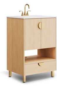 lot 20739 image: phiestina Fully Pre-Assembled 24 Inch Bathroom Vanity,Freestanding Oak Bathroom Sink Cabinet with 2 Soft Close Doors,1 Drawer and Open Storage Space, Faucet Not Included, YMS02-24-OAK-JH - Retail $349
