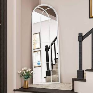 lot 20753 image: OGCAU Full Length Arched Floor Mirror, 65x22 Window Pane Design, Decorative Hanging or Leaning, Full Body with Iron Frame for Bedroom Living Room (White) - Retail $89