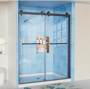 lot 20755 image: Frameless Shower Door, 56-60 W x 72 H Double Sliding Shower Doors, 14 (6mm) Thick Tempered Clear Glass Door with Explosion-Proof Film Nano Coating, Stainless Steel Hardware, Matte Black - Retail $479