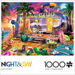 lot 1021 image: Buffalo Games 1000-Piece Night & Day Beach Holiday Jigsaw Puzzle - Retail $41