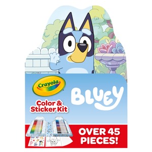 lot 1077 image: Crayola Bluey Art Kit for Kids (45pcs)  Coloring Book and Stickers  Travel Activity Set  Bluey Toys & Gifts for Kids - Retail $29