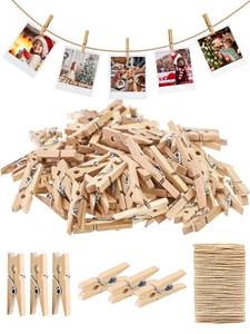 lot 1143 image: Sturdy Mini Clothes Pins for Photo, 150 Pcs 1 Inch Natural Wooden Clothespins with 33 FT Jute Twine, Small Clips for Crafts Display, Baby Shower Game, Hanging Decorative Pictures, Cocktail, Weddings - Retail $13