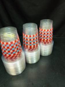 lot 1230 image: (40) Clear Plastic Cups with Checkered Pattern Design - Retail $8