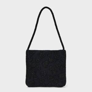 lot 1309 image: Beaded Heart Flat Shoulder Bag - A New Day Black Floral Pattern, Beaded Handle, Jacquard Weave, Collapsible Design - Retail $30