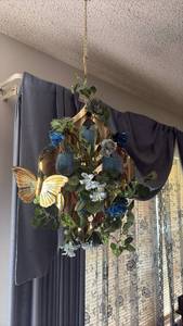 Decorative Metal Hanging Light Fixture with Butterfly & Floral Design (Untested) - Retail: $45