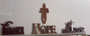 lot 60622 image: Wooden Religious Word Art Signs Set - Faith Hope Love Jesus Cross - Retail $25
