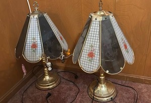 lot 60635 image: Pair of Brass Table Lamps with Floral Glass Panel Shades - Retail $75