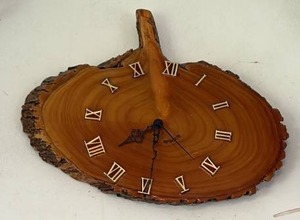 lot 60641 image: Handcrafted Wood Slice Wall Clock with Roman Numerals - Retail $25
